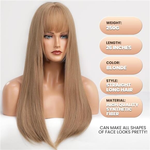 Blonde Wig With Bangs For Women Long Straight Wigs Barbie wig Synthetic - Picture 3 of 7